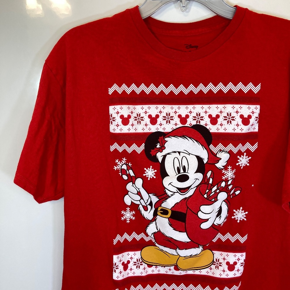 Disney Santa Mickey Mouse Shirt Sz L Red Short Sleeve Ugly Sweater Look - Picture 4 of 12